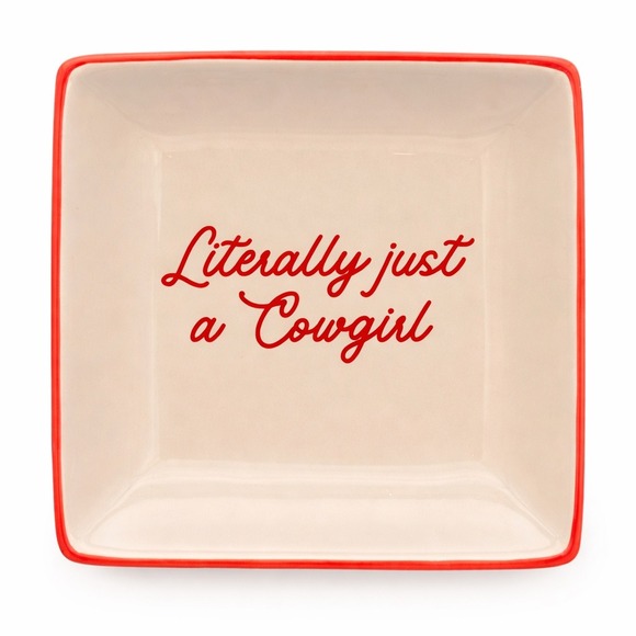 Other - Literally Just A Cowgirl Ceramic Trinket Dish Square Jewelry Tray Red Cream